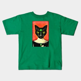 Portrait of black cat with green stone Kids T-Shirt